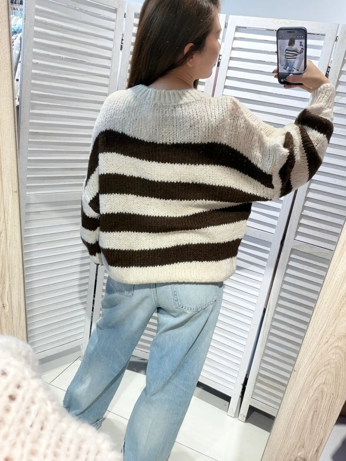 Trui met pofmouwen - donkerbruin/beige