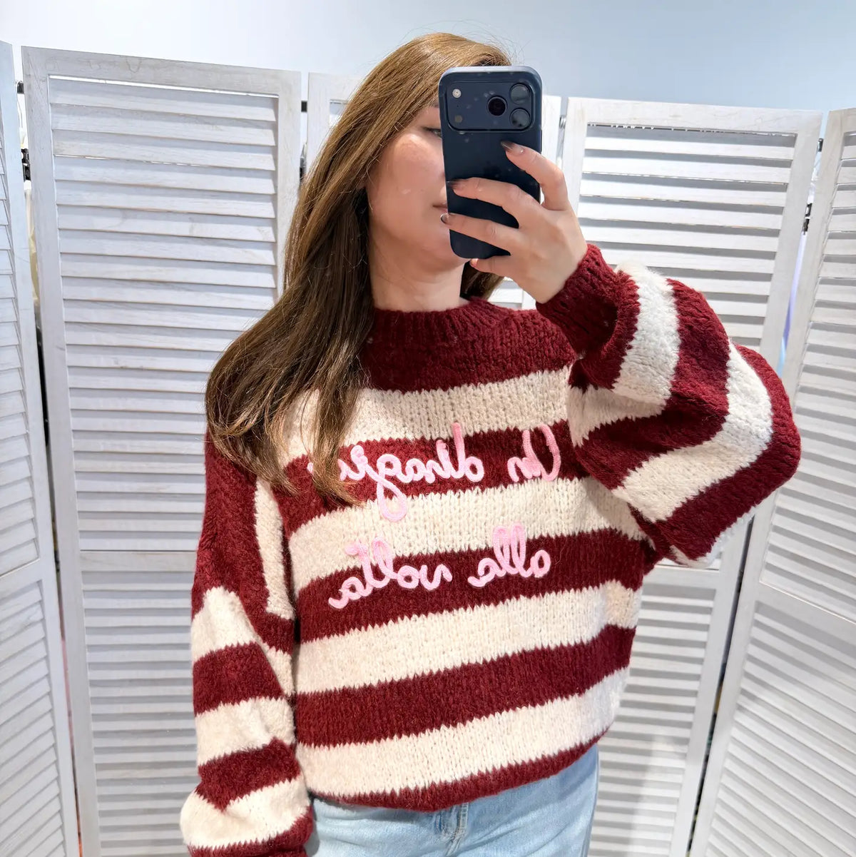Trui met pofmouwen - Rood/beige