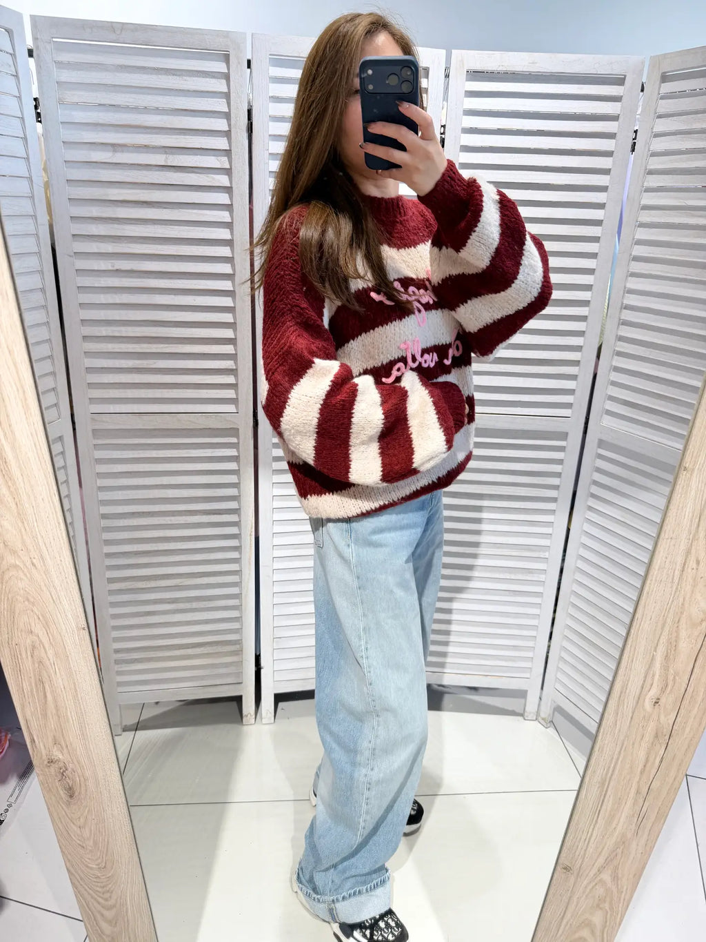 Trui met pofmouwen - Rood/beige