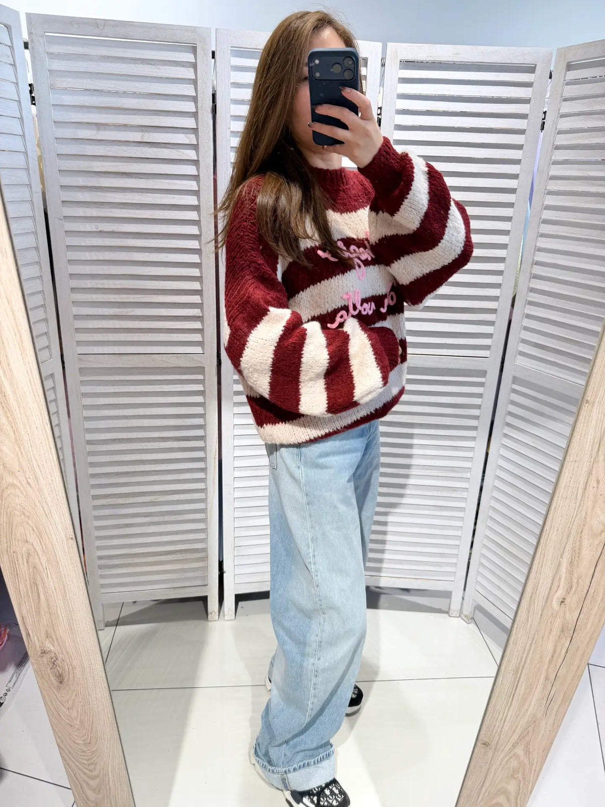 Trui met pofmouwen - Rood/beige