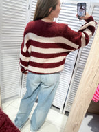 Trui met pofmouwen - Rood/beige