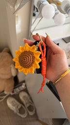 Gehaakte zonnebloem tasbedel en sleutelhanger