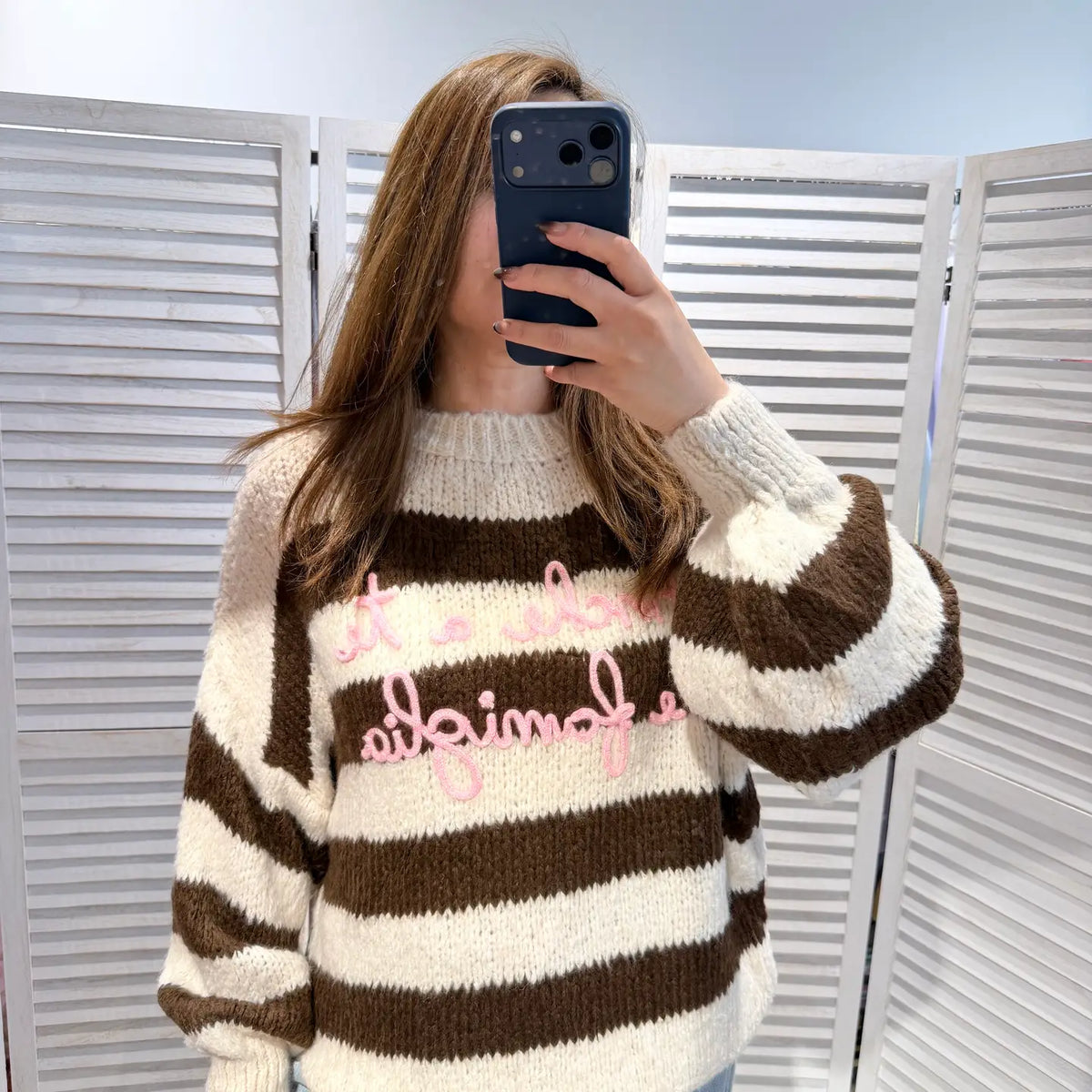 Trui met pofmouwen - donkerbruin/beige