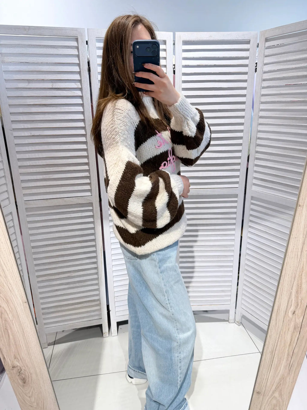 Trui met pofmouwen - donkerbruin/beige